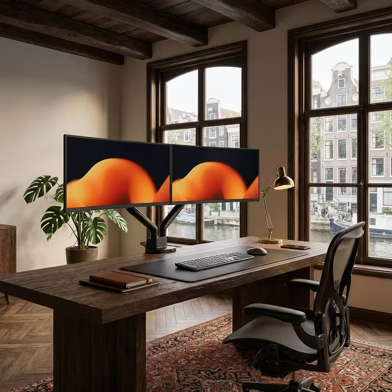 Alberenz Podwójny Uchwyt na Monitor z Gazową Sprężyną - Do 35" - Z USB - Czarny