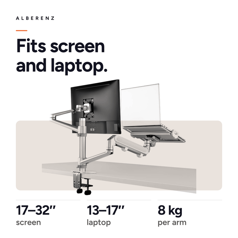 Alberenz® srebrne ramię do monitora laptopa z sprężyną gazową