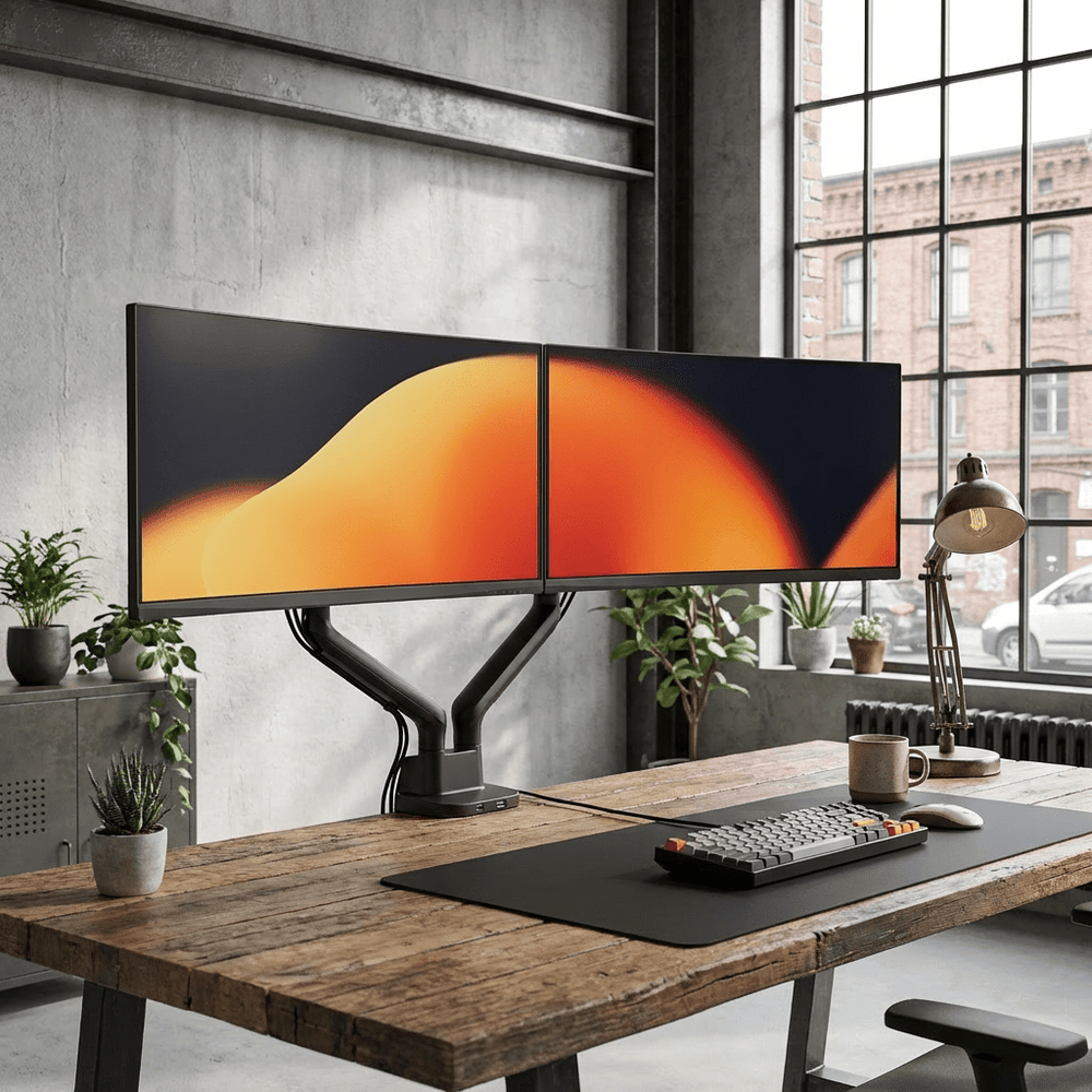 Alberenz Podwójny Uchwyt na Monitor z Gazową Sprężyną - Do 35" - Z USB - Czarny