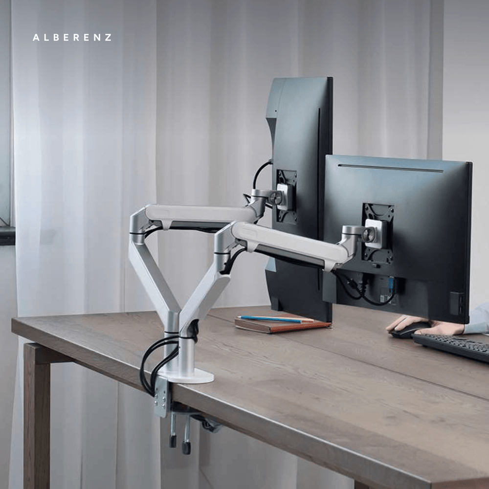 Alberenz® Podwójne Ramię do Monitorów z Siłownikiem Gazowym Srebrne