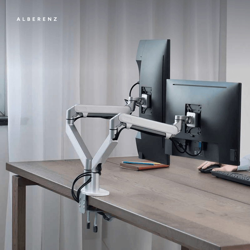 Alberenz® Podwójne Ramię do Monitorów z Siłownikiem Gazowym Srebrne