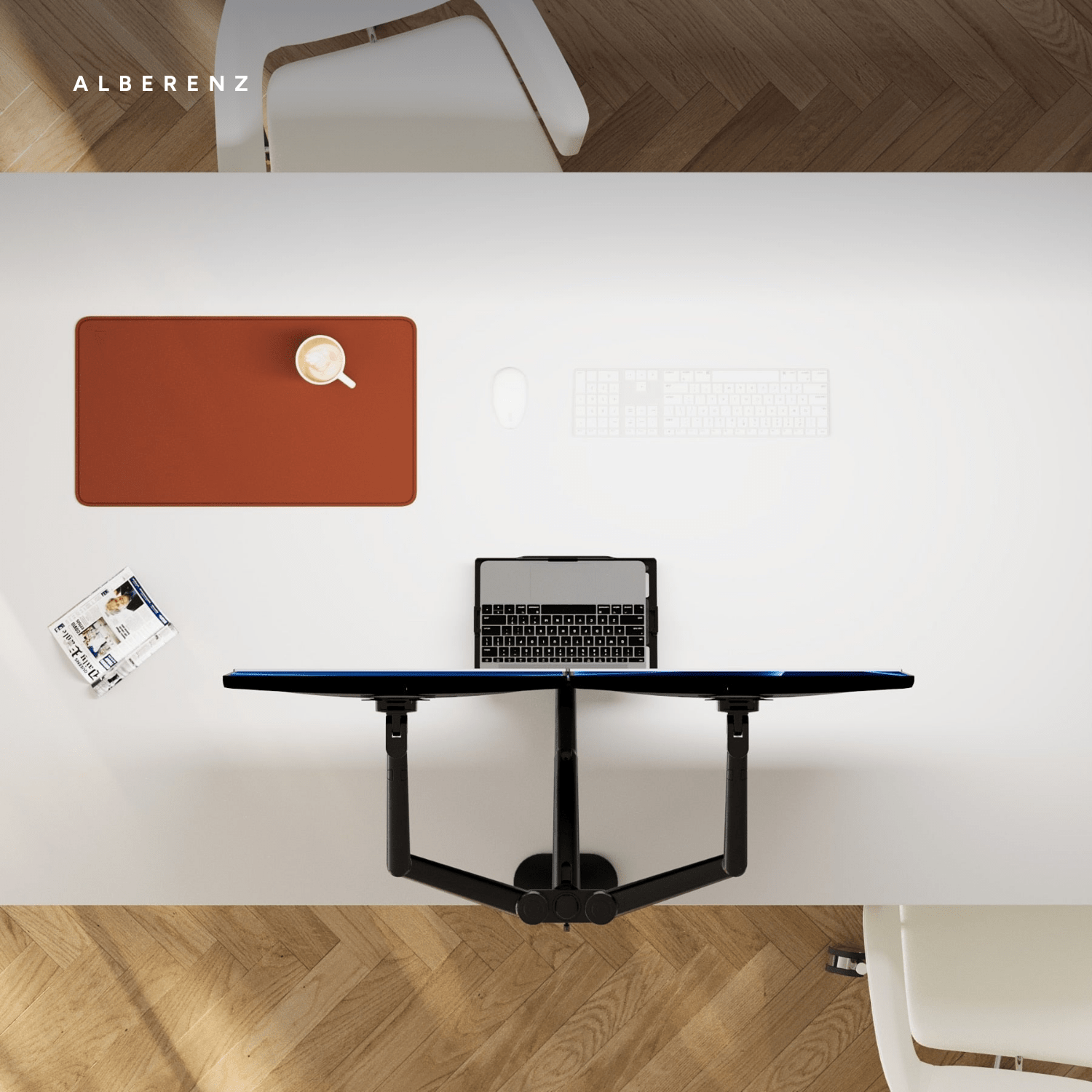 Alberenz dual monitor arm with laptop tray, black: desk seen from above