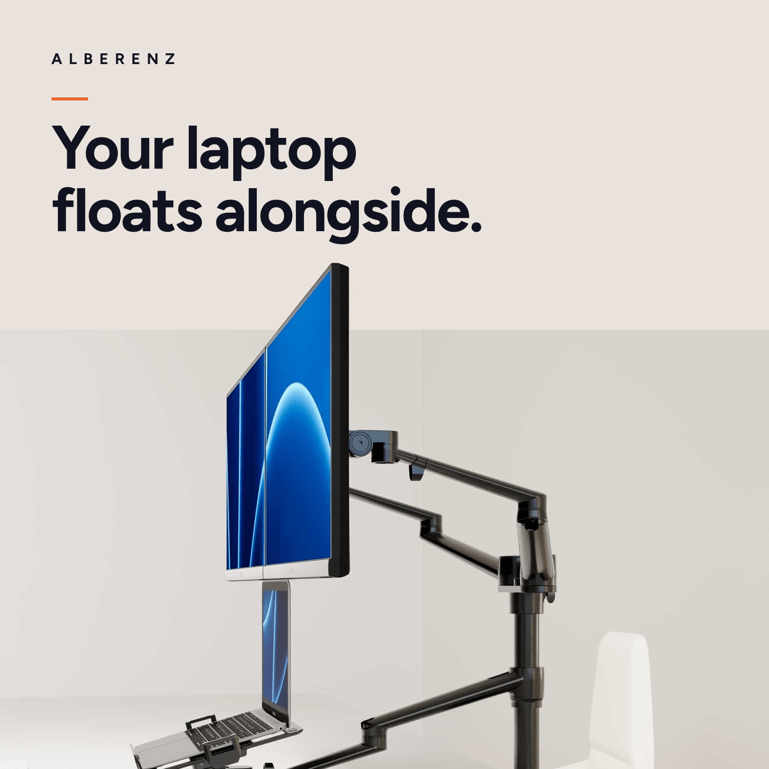 Alberenz dual monitor arm with laptop tray, black: laptop floats next to the monitor