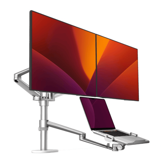 Alberenz dual monitor arm with laptop tray, silver: front view with two screens and a laptop