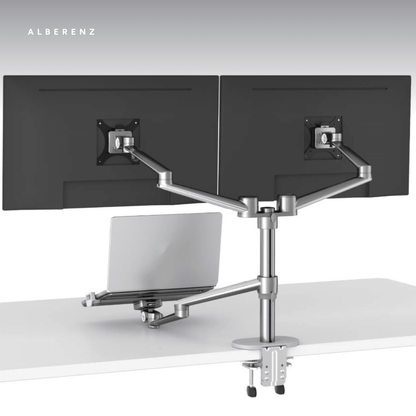 Alberenz dual monitor arm with laptop tray, silver: studio shot