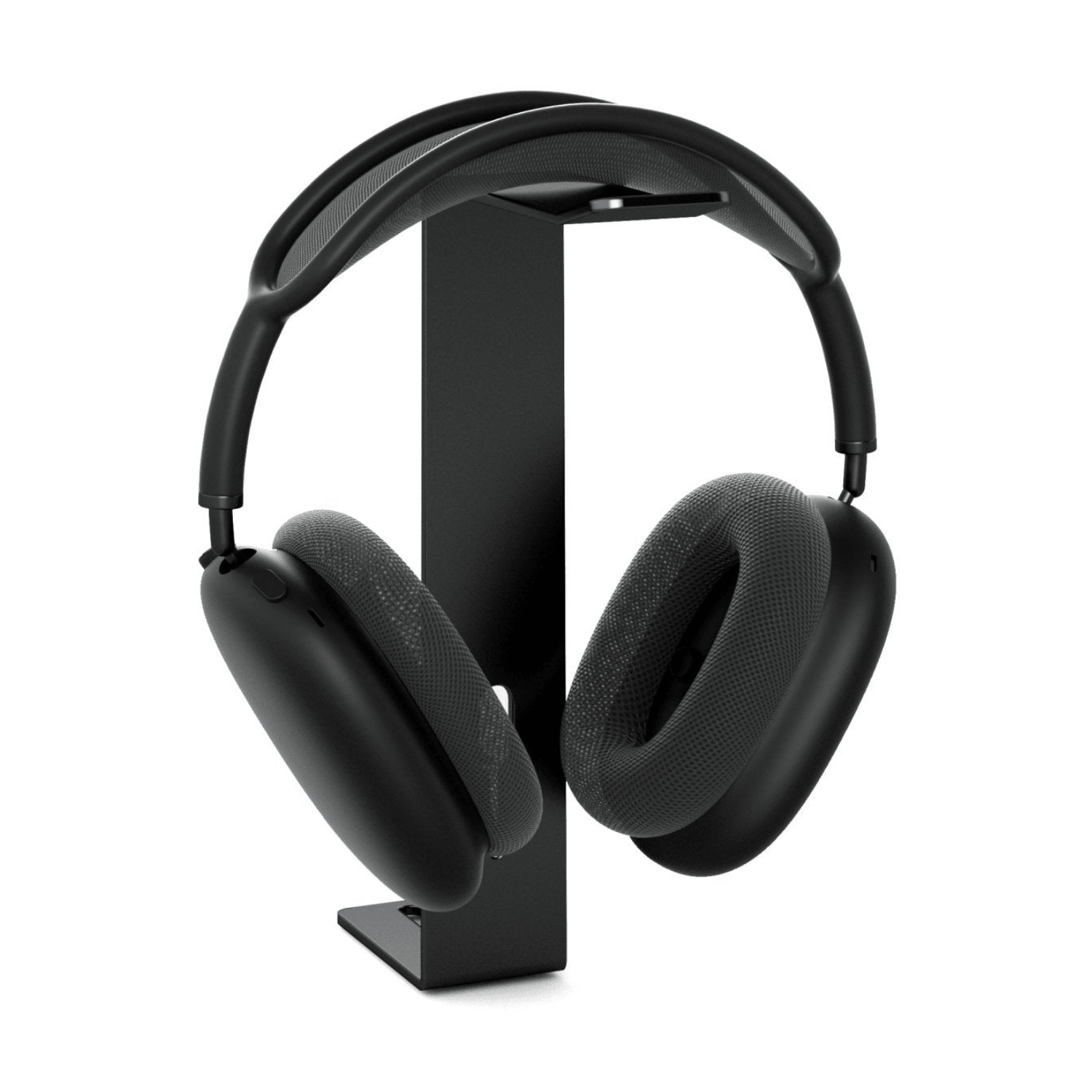 Alberenz headphone holder for monitor riser, matte black: front view with headphones