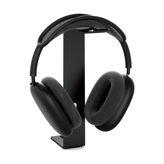 Alberenz headphone holder for monitor riser, matte black: front view with headphones