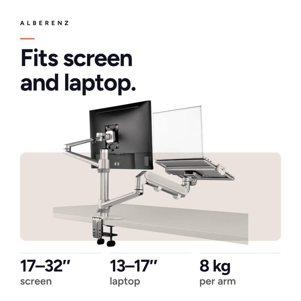 Alberenz® srebrne ramię do monitora laptopa z sprężyną gazową