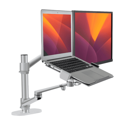 Alberenz monitor arm with laptop tray, silver: front view with screen and laptop