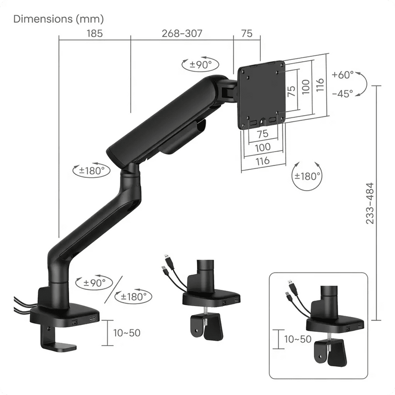 Alberenz pojedynczy uchwyt na monitor z amortyzatorem gazowym - Do 40 cali - z USB - Czarny