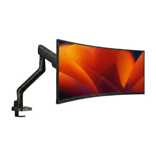 Alberenz single monitor arm with gas spring and USB, black: front view with a screen
