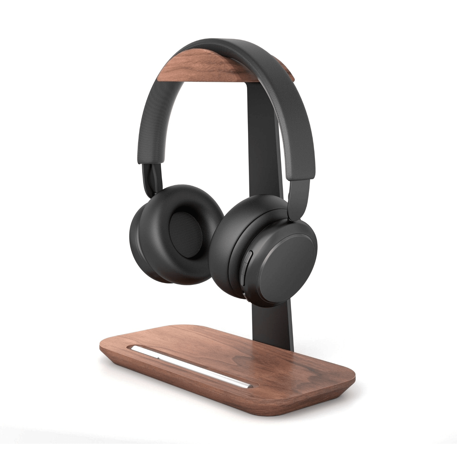 Alberenz walnut headphone stand with pen holder: front view with headphones on white