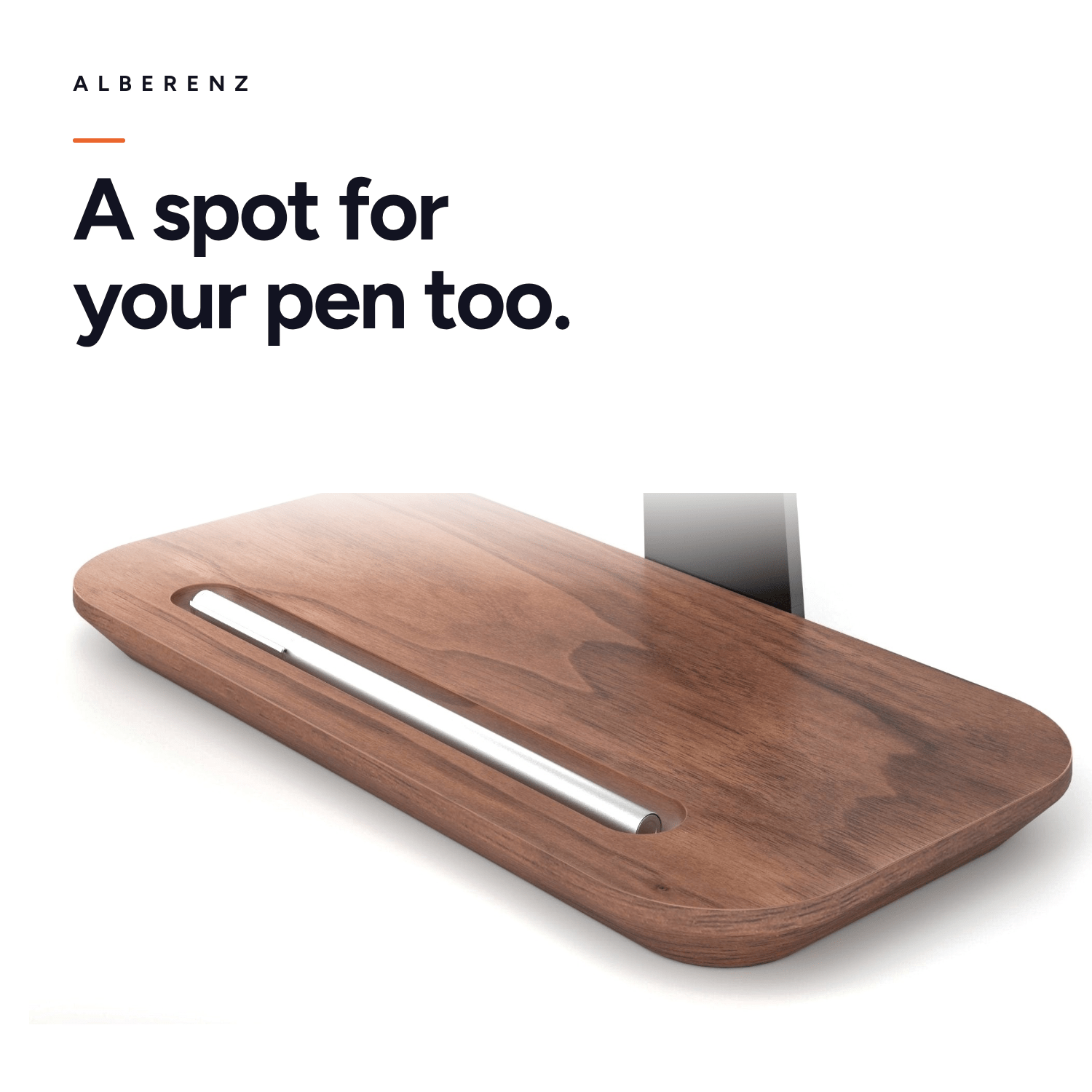 Alberenz walnut headphone stand with pen holder: pen in the slot of the walnut base