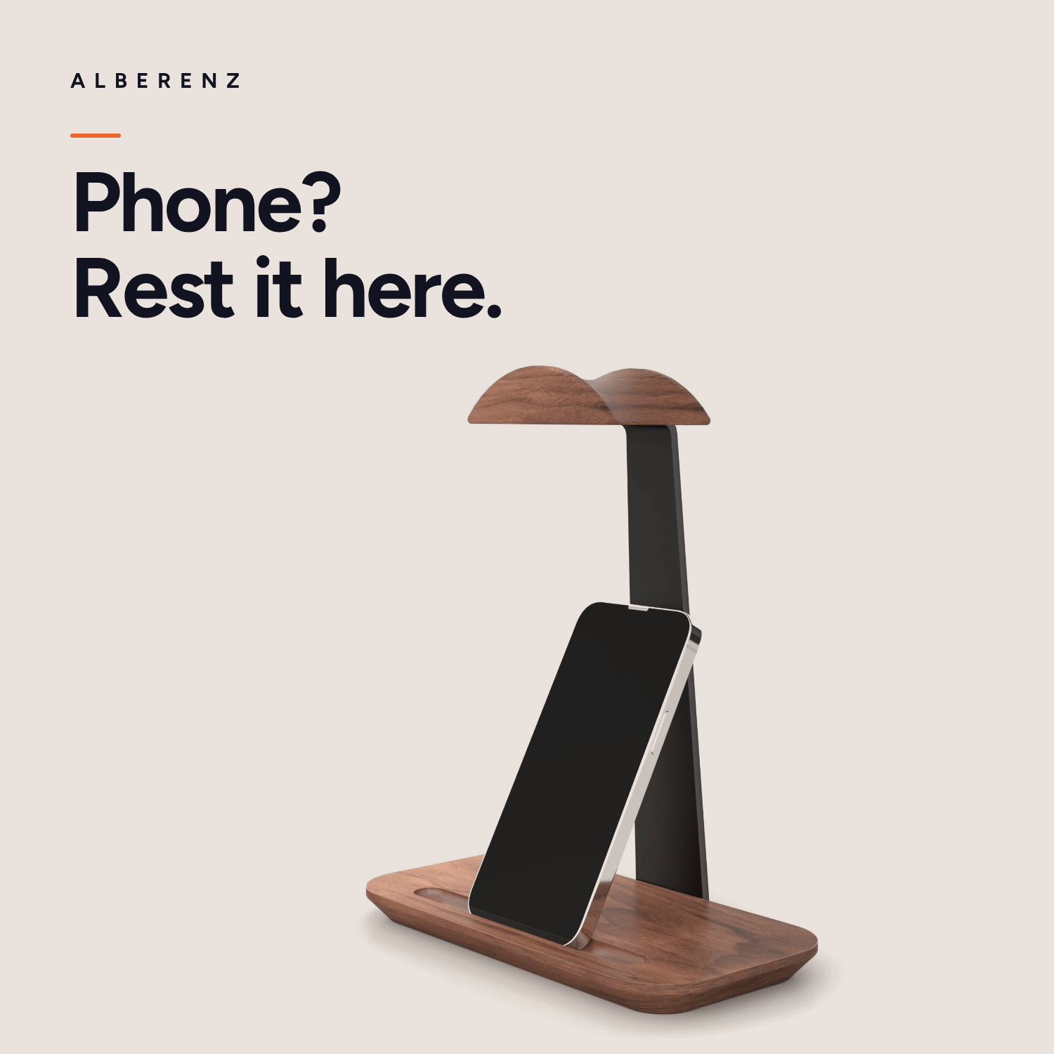 Alberenz walnut headphone stand with pen holder: phone resting in the slot against the stand