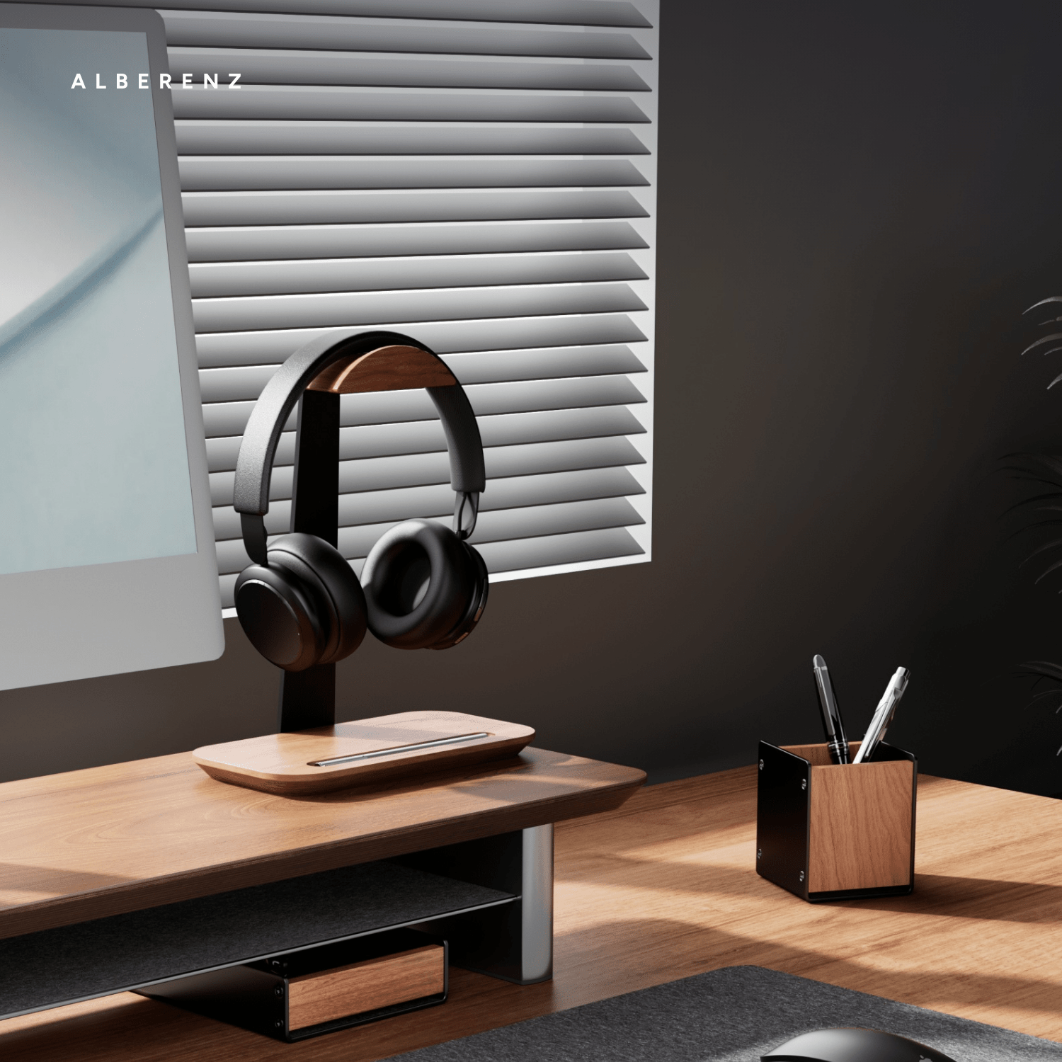 Alberenz walnut headphone stand with pen holder: in a dark, atmospheric workspace