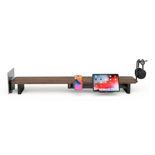 Alberenz walnut monitor riser with 4 accessories: front view of the complete set
