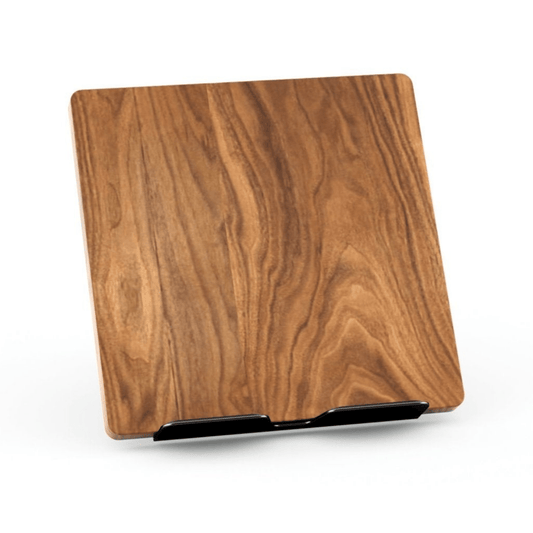 Alberenz walnut tablet stand with steel clamp: front view