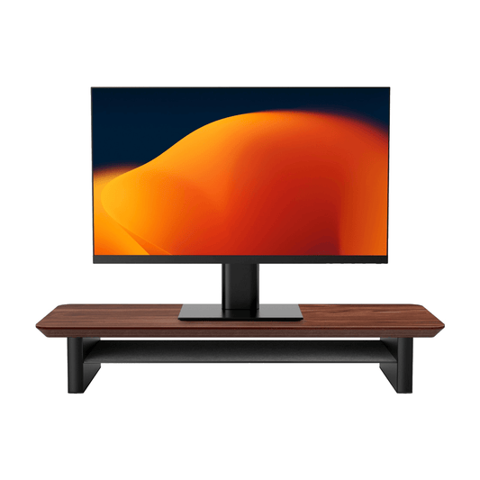 Alberenz walnut monitor riser for one screen, front view on white